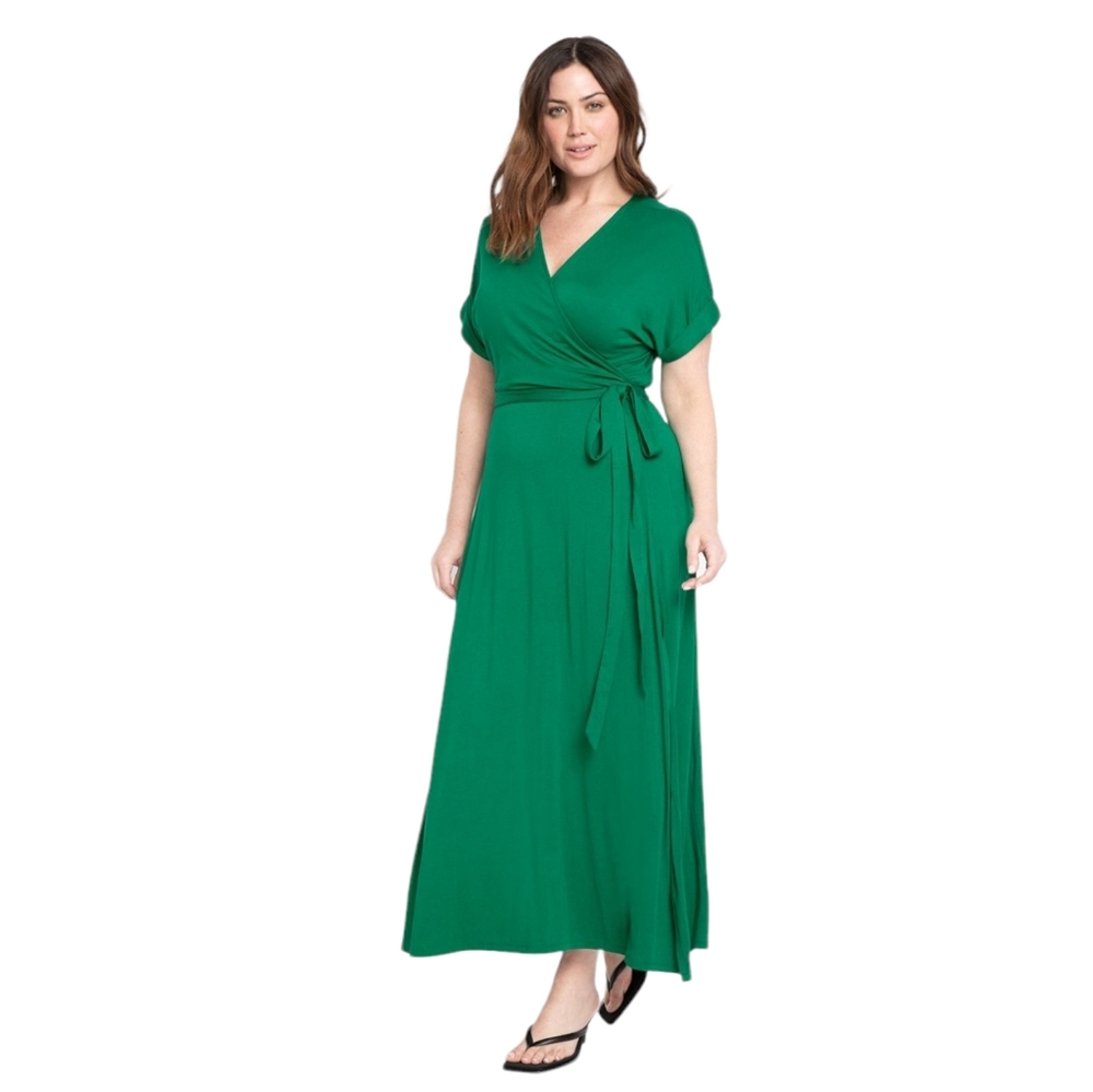 Eloquii Succulent Green Soft Jersey Knit  V-neck Cap Sleeve Wrap Maxi Dress 26